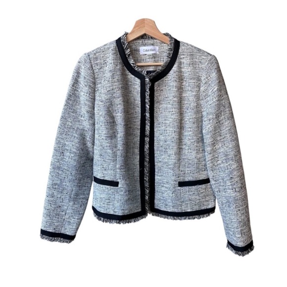 Calvin Klein Jackets & Blazers - Calvin Klein Blazer Jacket Coat Black White Tweed Fringe Open Front Size 12